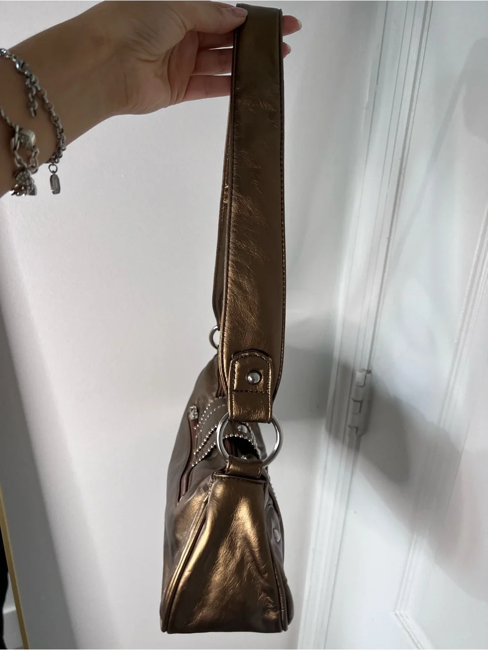 Fleur de Lis shoulder bag Metallic Bronze Shoulder Bag with Jeweled Fleur-de-Lis